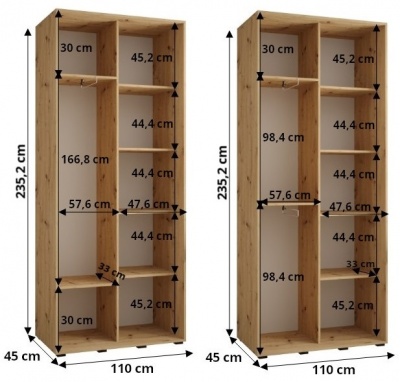 Šatní skříň Olinka 2 110 (hloubka 45 cm) - černá + bílá + zrcadlo