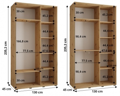 Šatní skříň Olinka 2 130 (hloubka 45 cm) - bílá + černá + zrcadlo