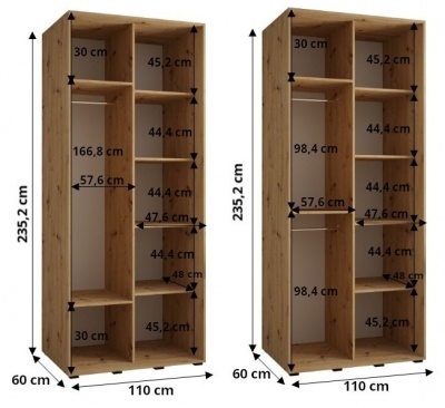 Šatní skříň Olinka 2 110 (hloubka 60 cm) - černá + černá + zrcadlo