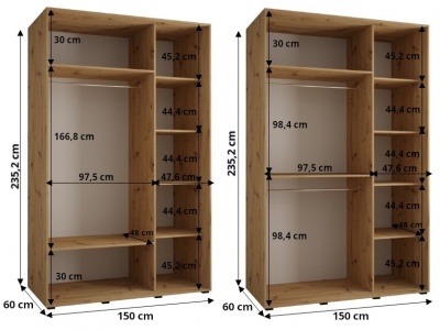 Šatní skříň Olinka 2 150 (hloubka 60 cm) - bílá + Artisan + zrcadlo