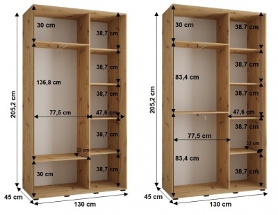 Šatní skříň Sofinka 2 130 (hloubka 45 cm) - bílá + bílá + zrcadlo